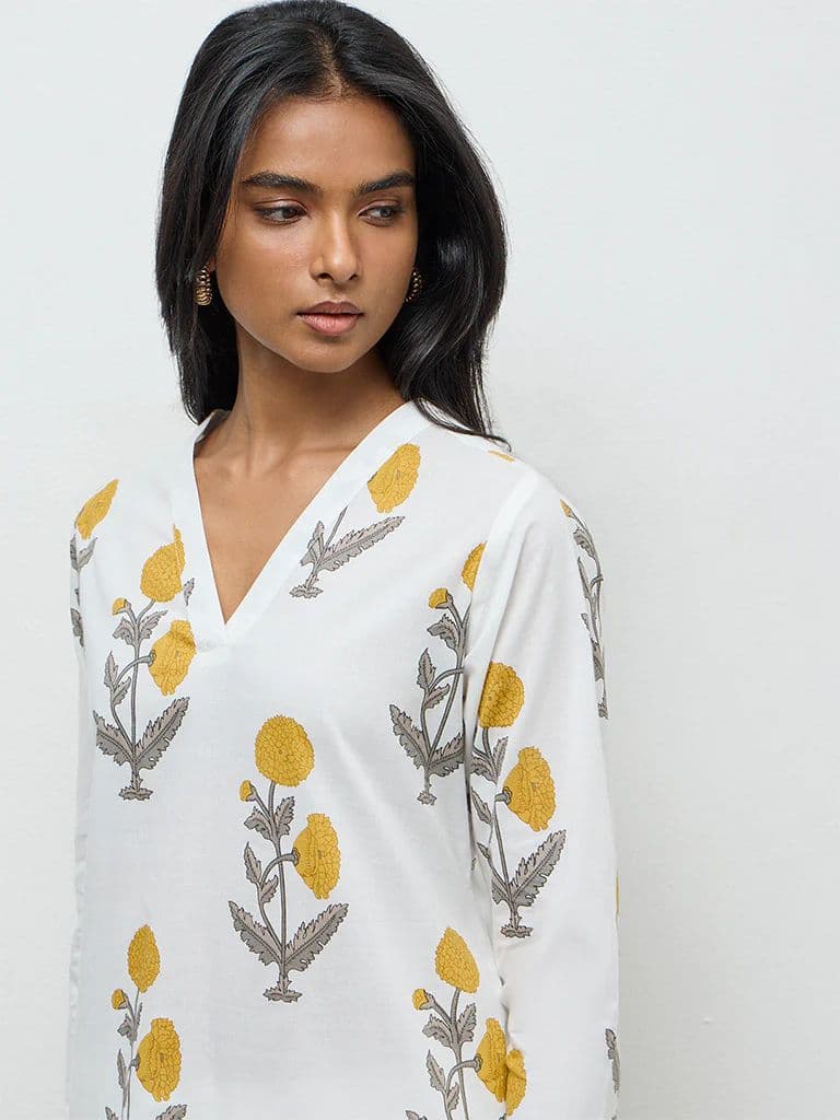 Utsa White Floral Pattern Cotton Straight Kurta — photo 3