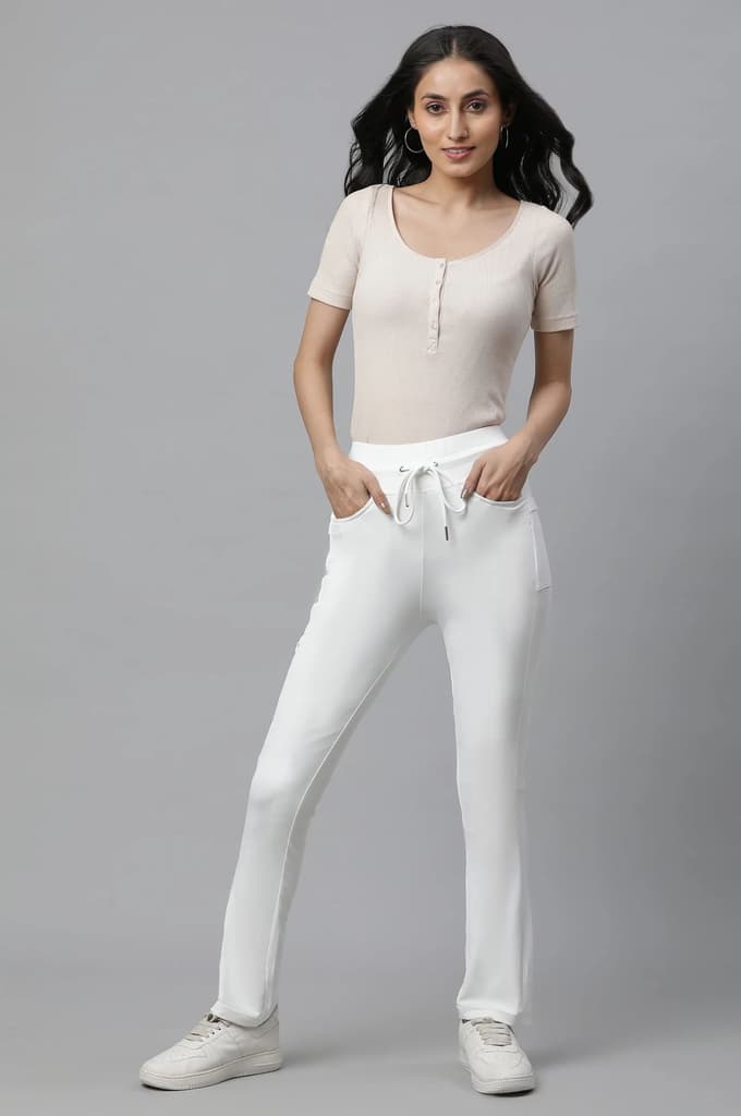White Solid Boot Cut Pants With Drawstring — photo 5