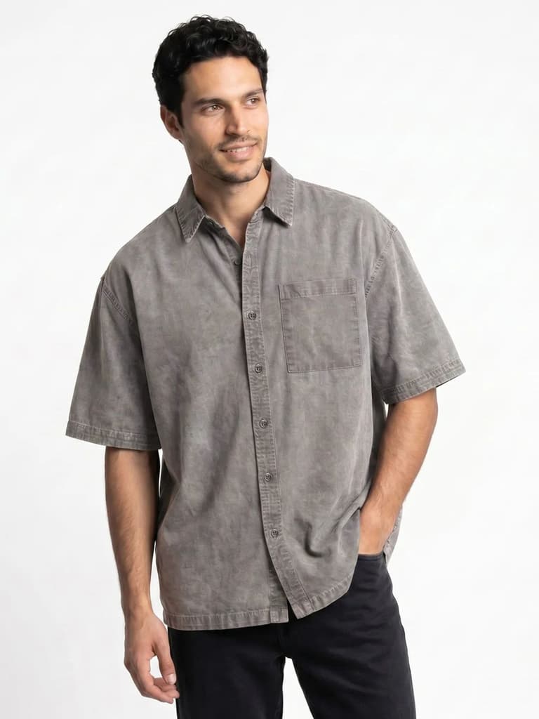 Men's Ice Grey Oversized Fit Half Sleeve Solid Casual Denim Shirt — photo 2