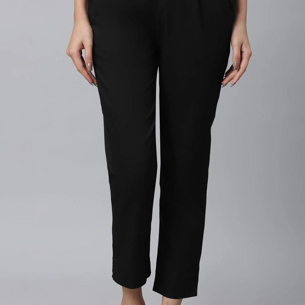 Black Solid Straight Fit Cotton Pants With Elasticated Waist