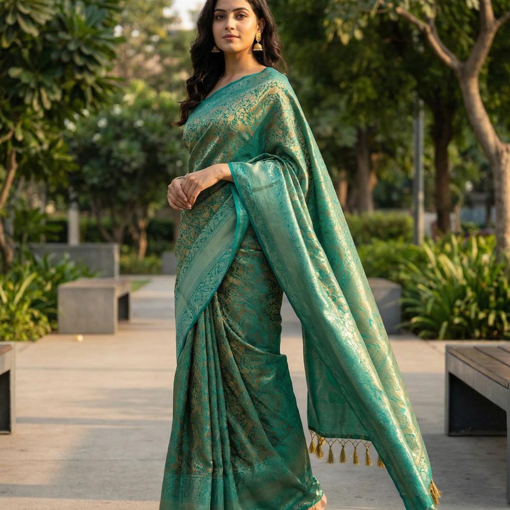 MIMOSA Women's Woven Design Banarasi Style Art Silk Saree with Blouse Piece - Saffire ( SA00003132SFFREE )