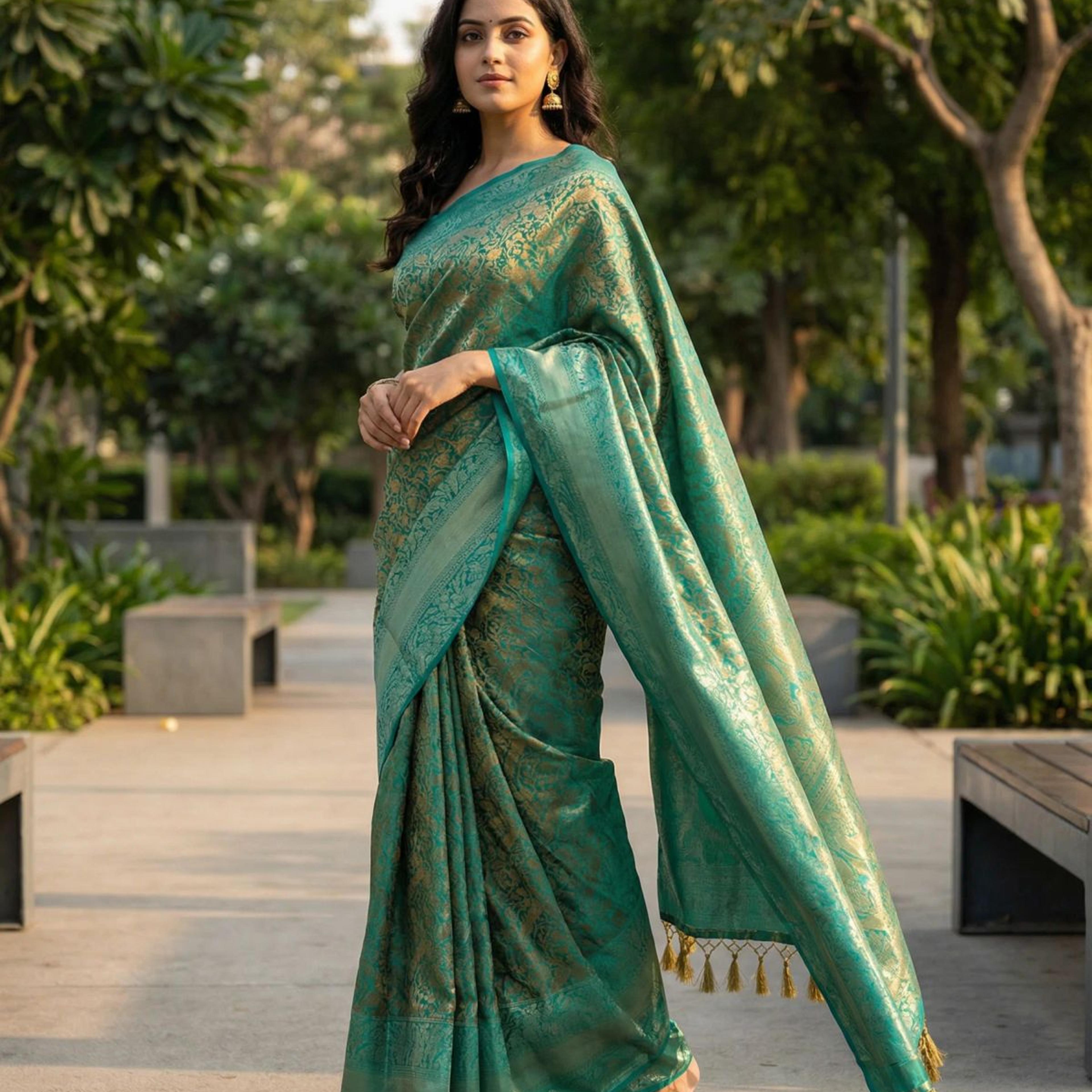 MIMOSA Women's Woven Design Banarasi Style Art Silk Saree with Blouse Piece - Saffire ( SA00003132SFFREE )
