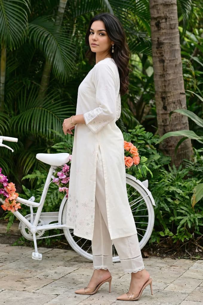 Off White Thread Embroidered Chanderi Straight Kurta with Straight Pants and Dupatta Set — photo 4