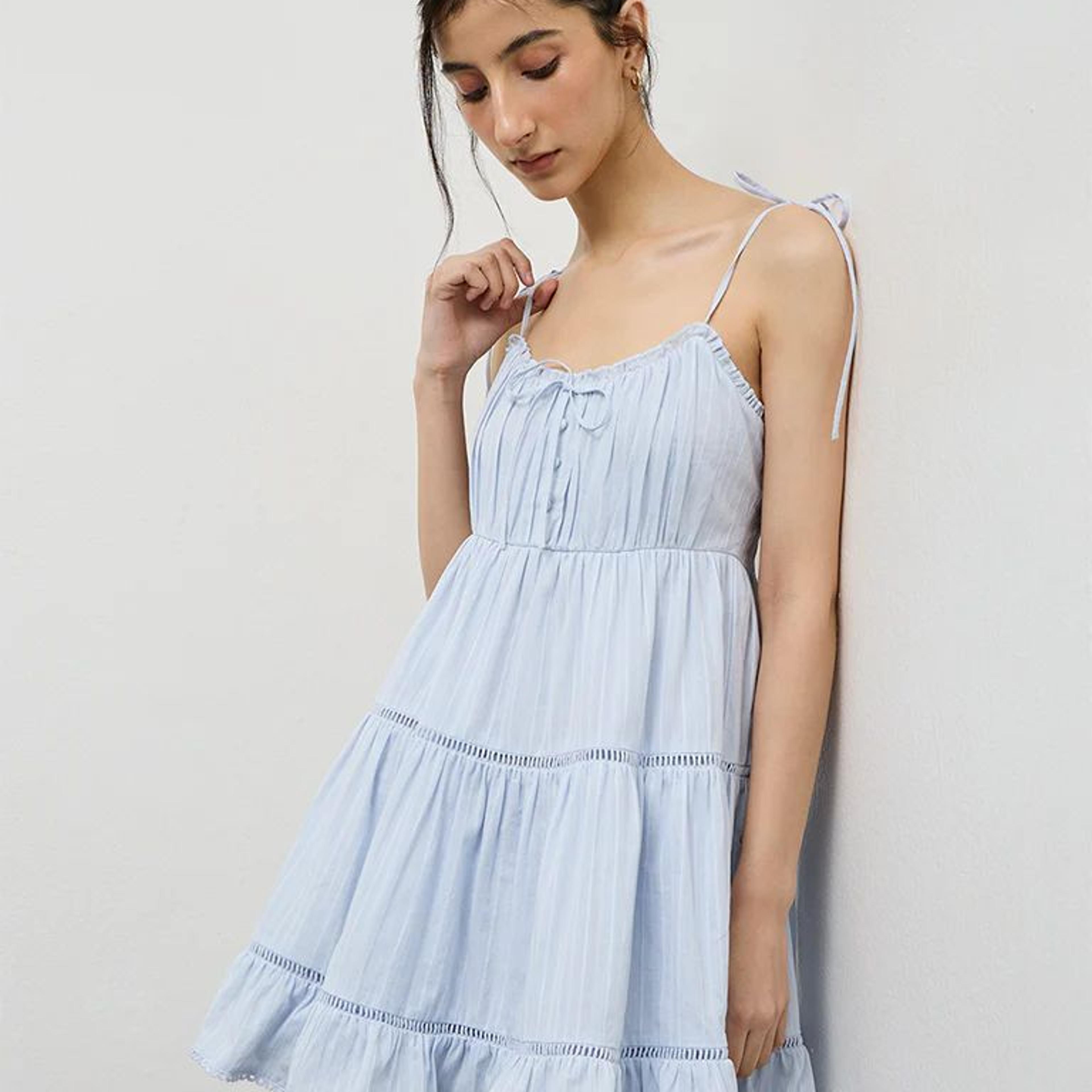 Nuon Light Blue Cotton Tiered Dress