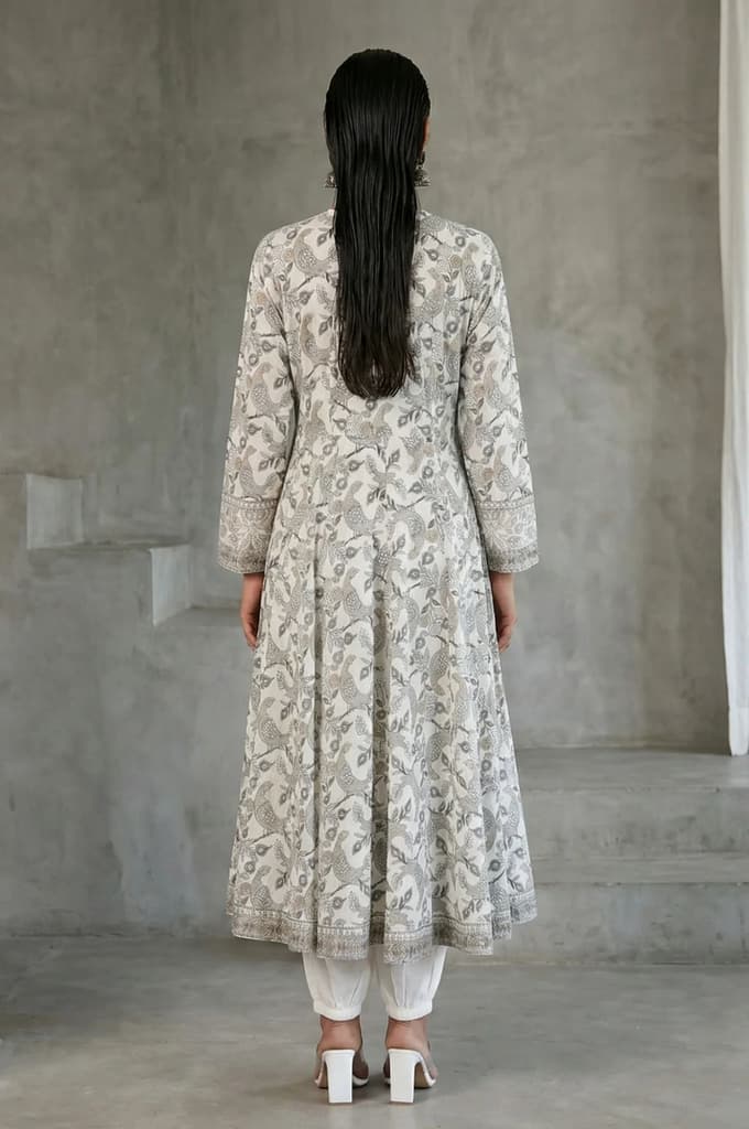 Off White Block Printed Pure Cotton Angrakha Kurta — photo 5