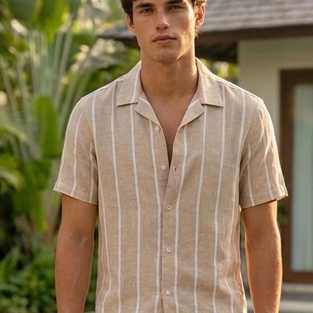 Men's Beige Cotton Half Sleeve Relaxed Fit Linen Striped Shirt with Cuban Collar