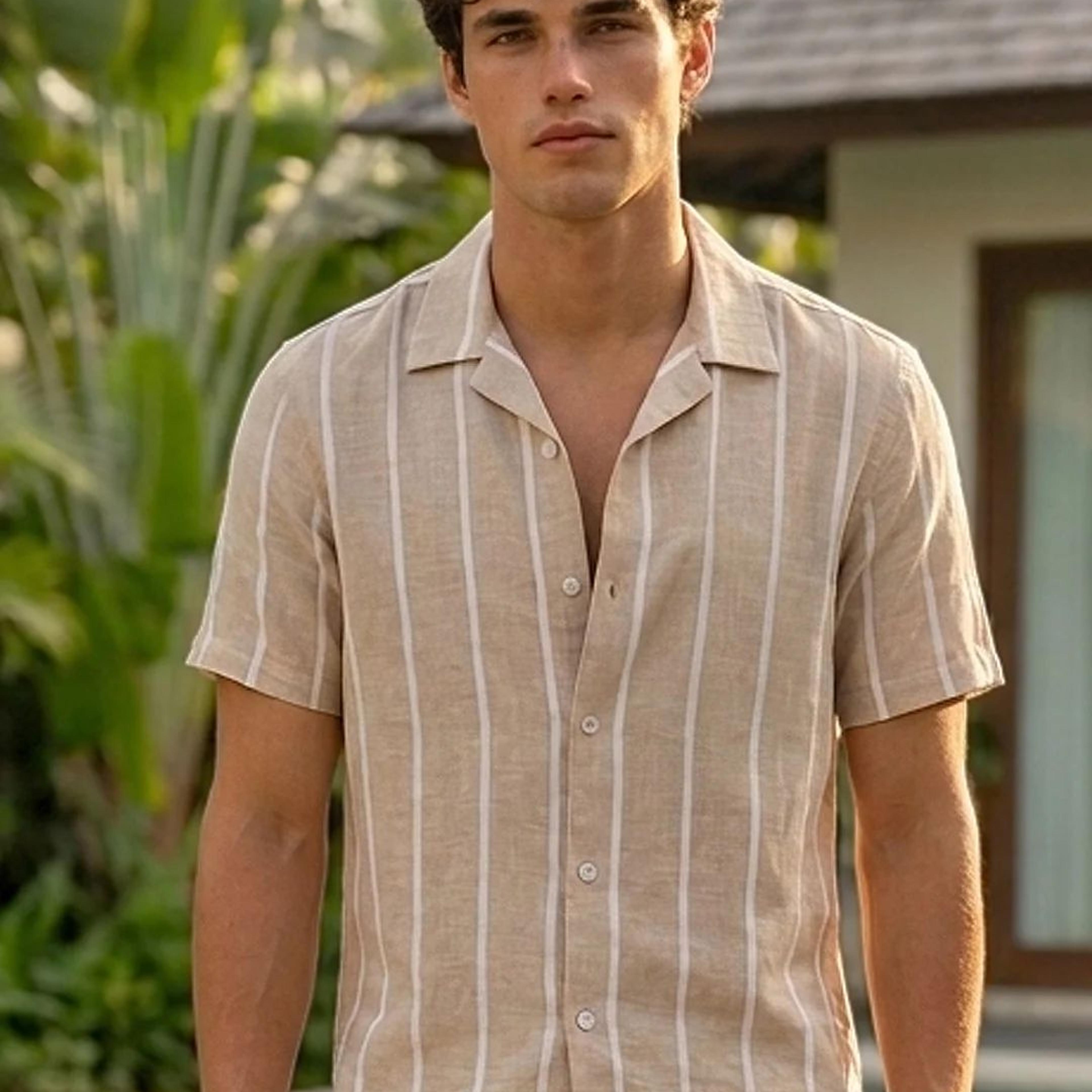 Men's Beige Cotton Half Sleeve Relaxed Fit Linen Striped Shirt with Cuban Collar