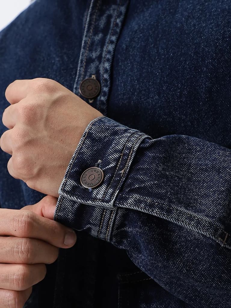Men's Dark Blue Relaxed Fit Full Sleeve Utility Denim Jacket — photo 7