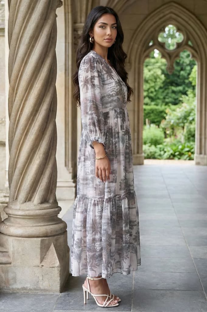 Grey Floral Printed Silver Chiffon Flared Dress — photo 6