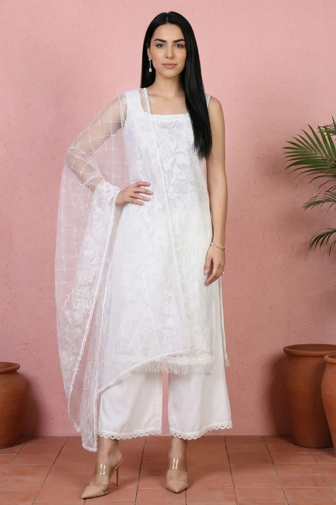 White Lace Floral Printed Straight Kurta With Parallel Pants And Brasso Dupatta Set — XS