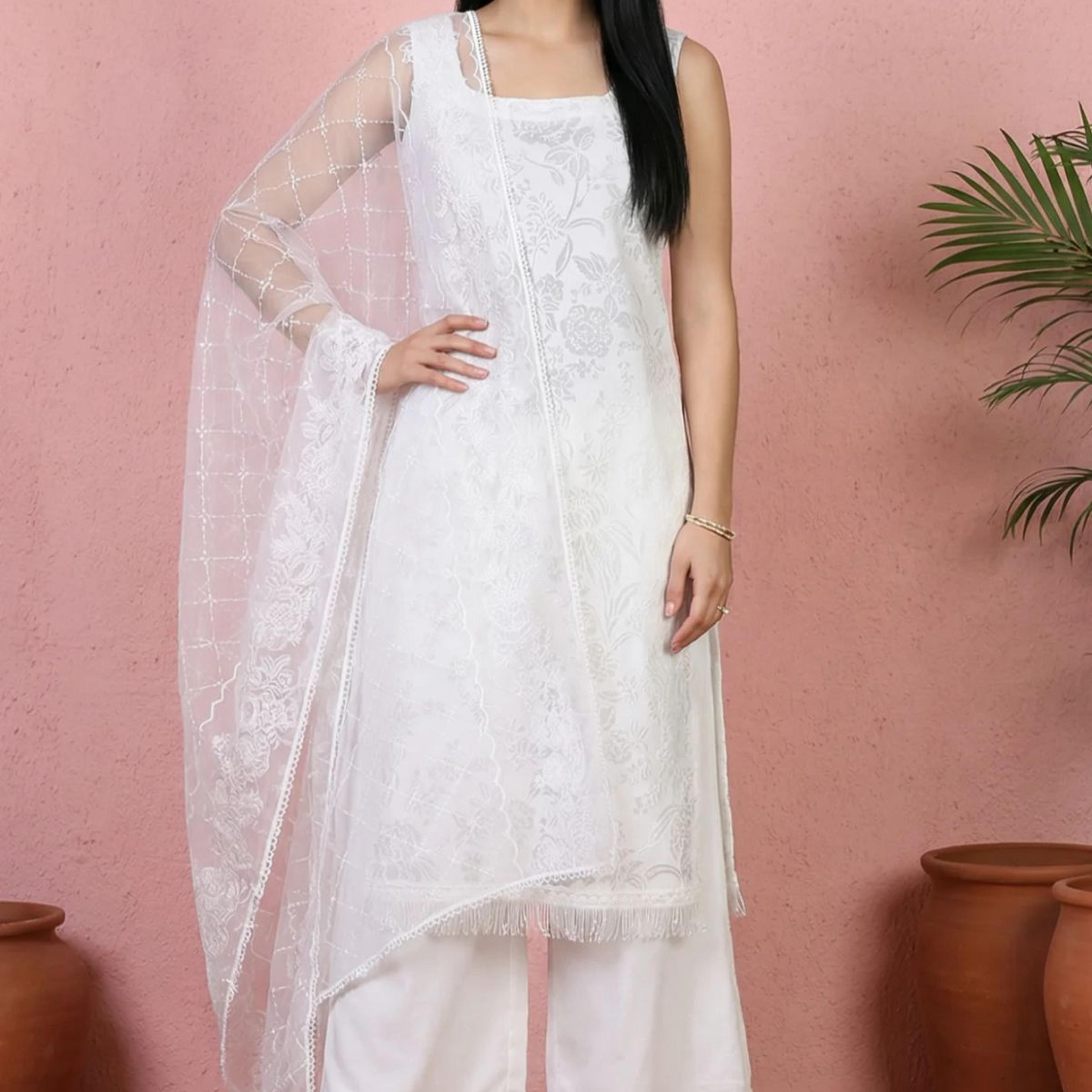 White Lace Floral Printed Straight Kurta With Parallel Pants And Brasso Dupatta Set