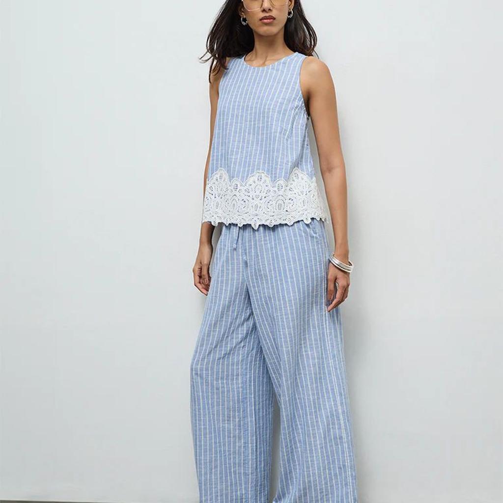 LOV Light Blue Striped High-Rise Cotton Pants