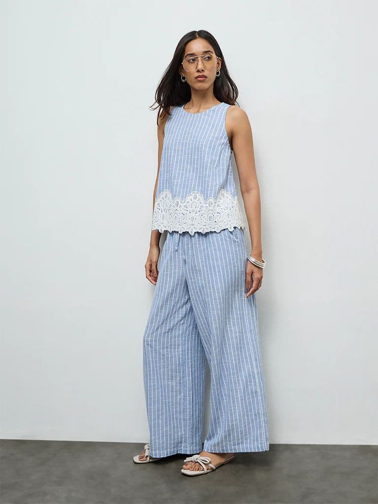 LOV Light Blue Striped High-Rise Cotton Pants