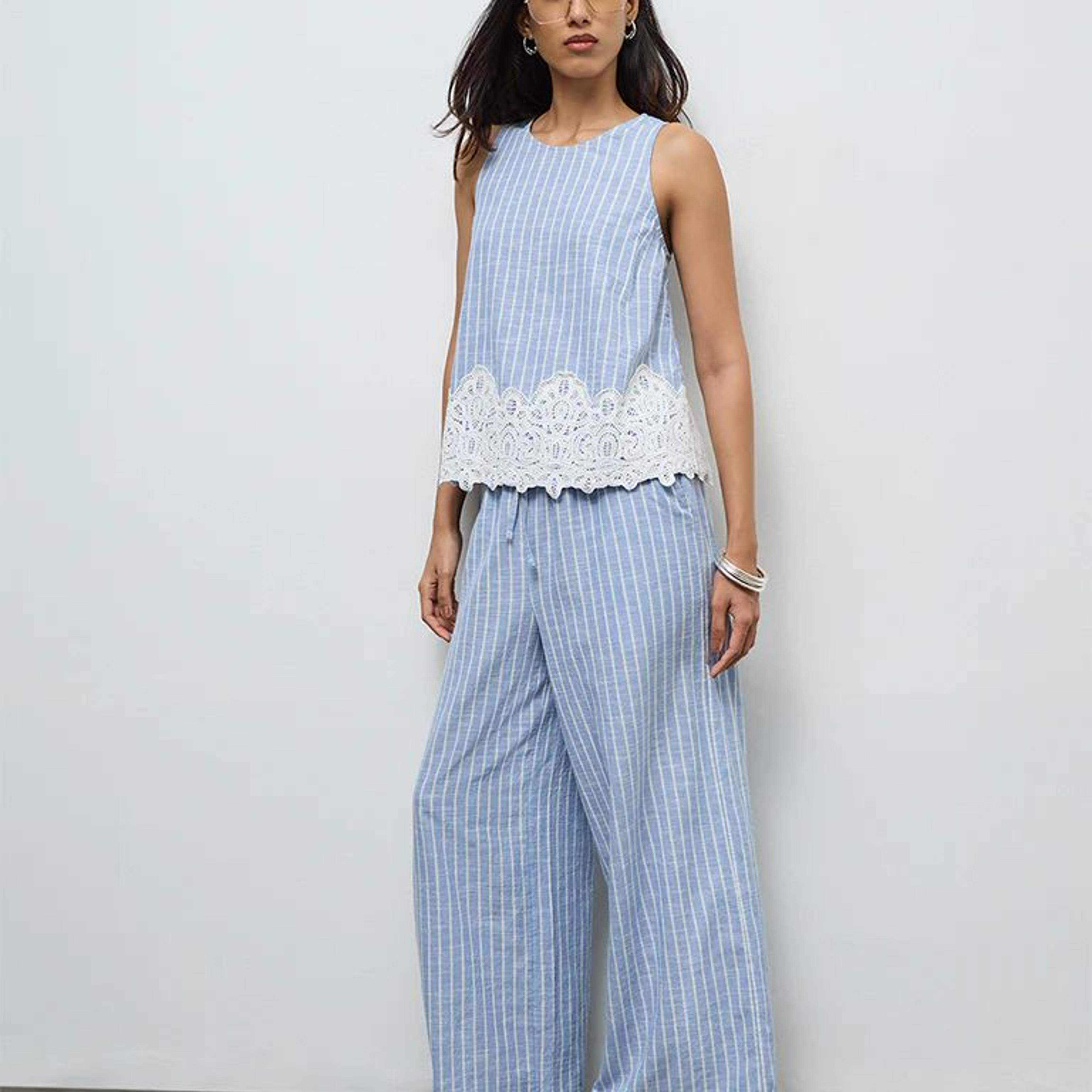 LOV Light Blue Striped High-Rise Cotton Pants