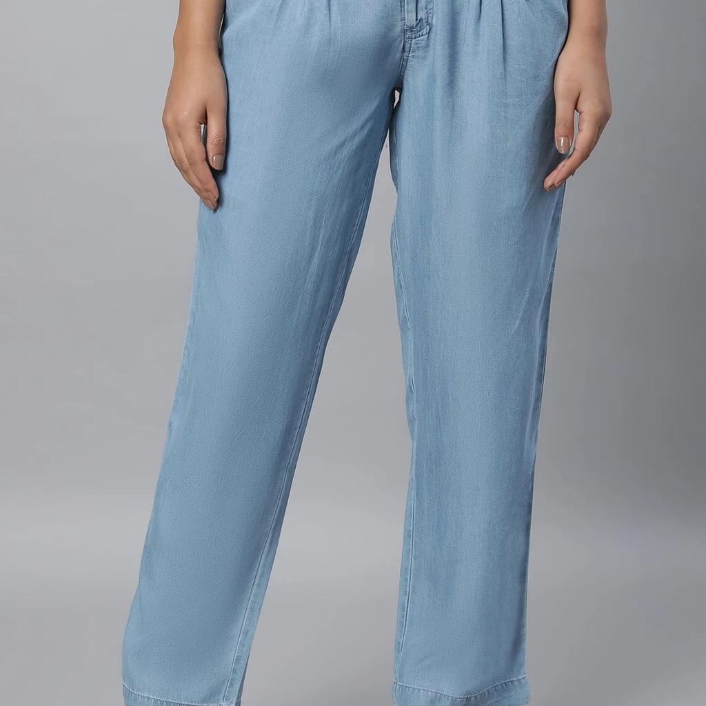 Light Blue Solid Straight Fit Denim Palazzo With Pleated Detail