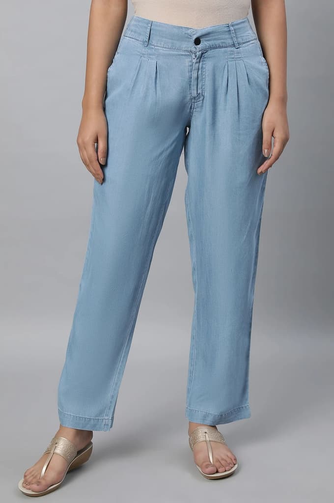 Light Blue Solid Straight Fit Denim Palazzo With Pleated Detail
