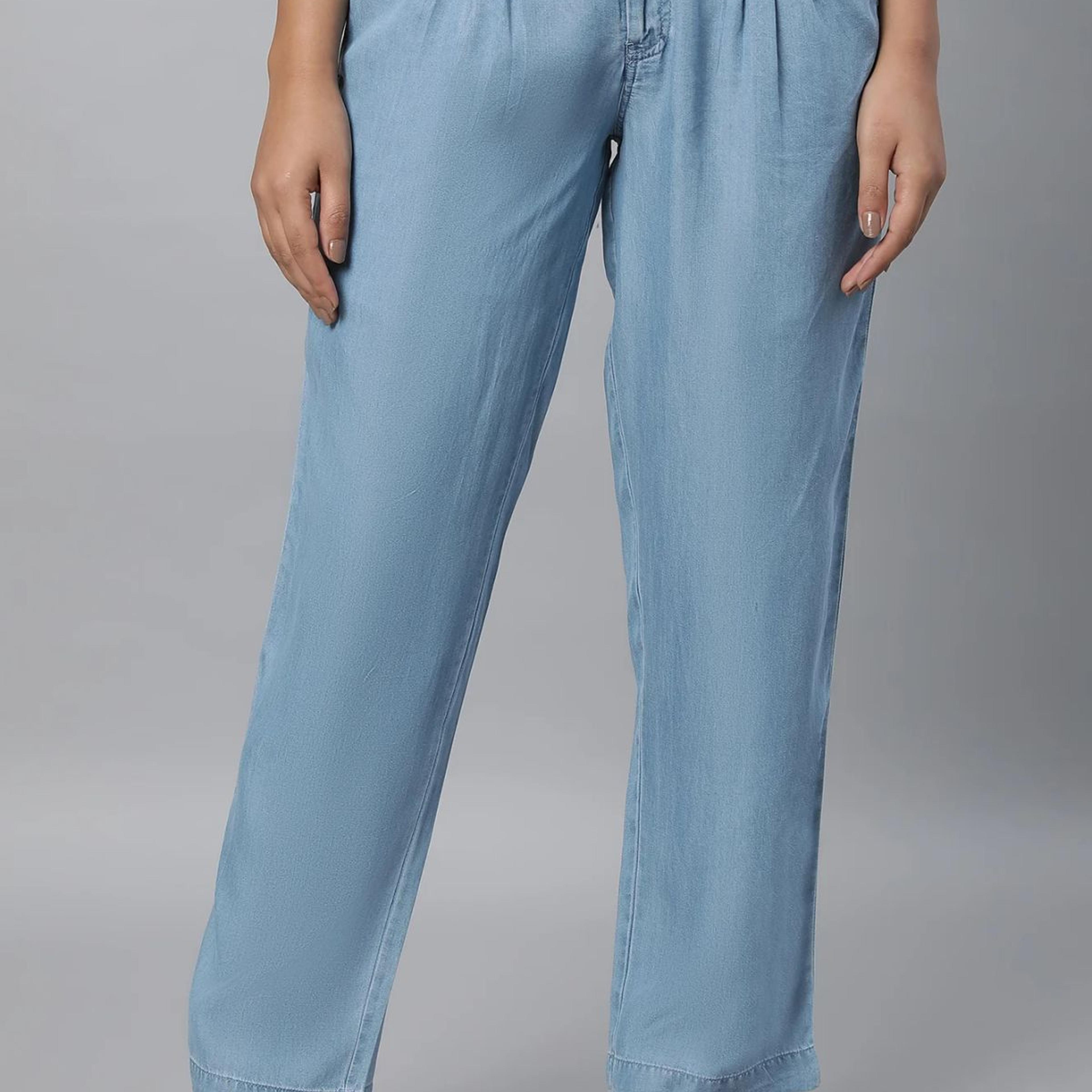 Light Blue Solid Straight Fit Denim Palazzo With Pleated Detail