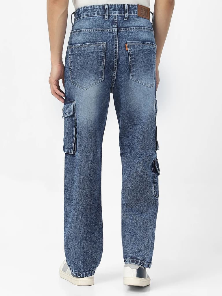 Men's Blue Loose Fit Cargo Jeans With 7 Pockets Non Stretchable — photo 3