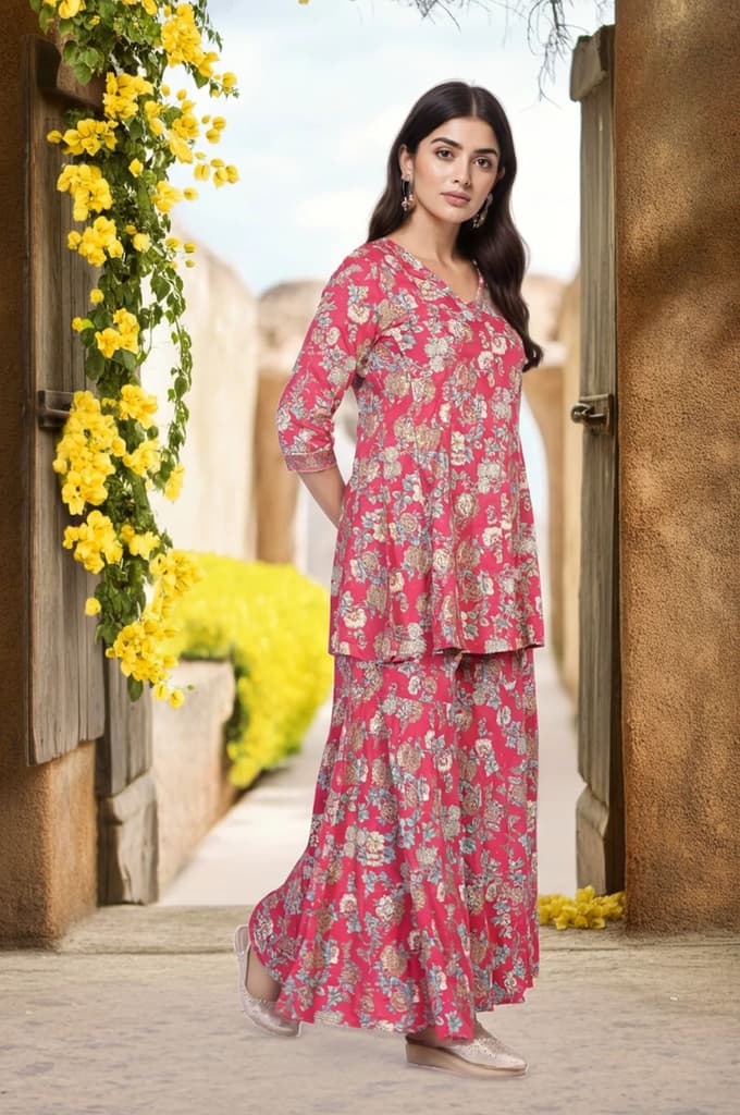 Pink Floral Printed Lace Trim Flared Rayon Kurta with Sharara and Dupatta Set — photo 4