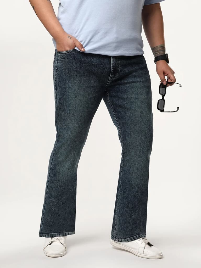 Plus Men's Blue Bootcut Fit Mid Rise Tinted Heavy Washed Jeans Stretchable — 36 / Blue