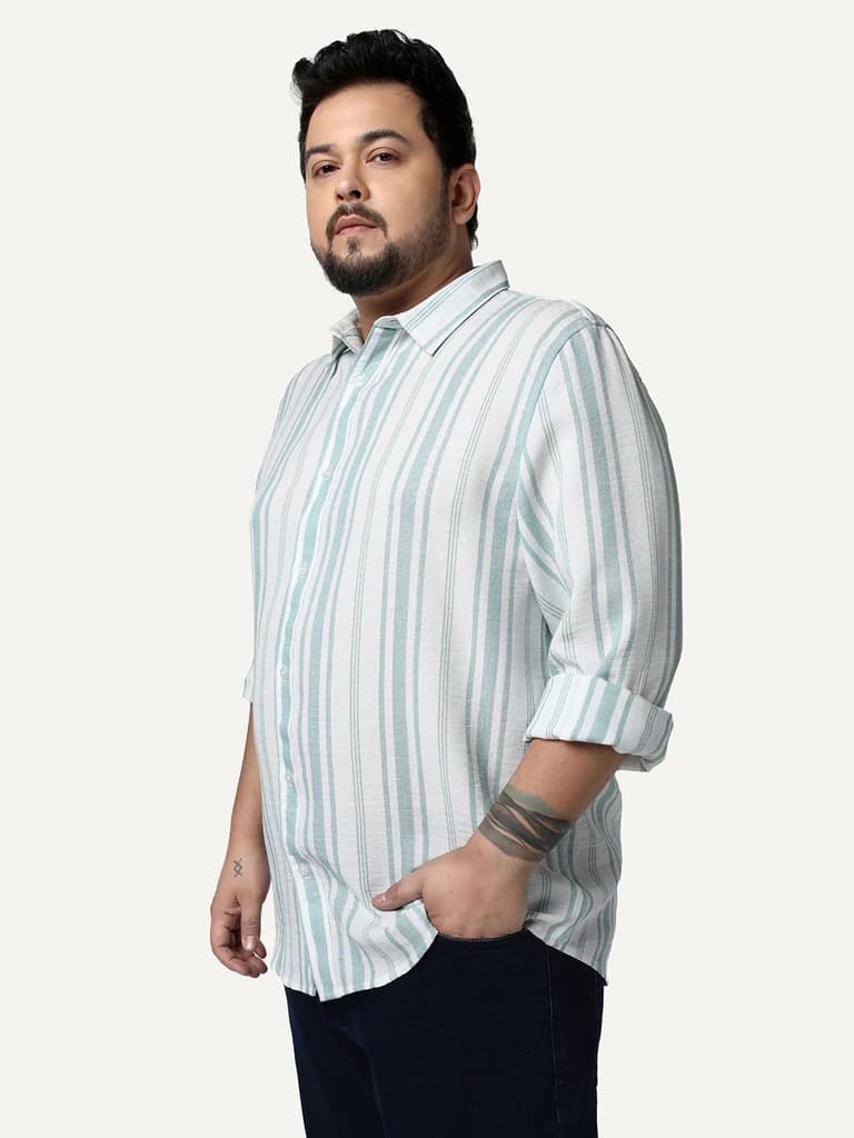 Plus Men's Light Blue Cotton Full Sleeve Relaxed Fit Linen Striped Shirt with Spread Collar — photo 2
