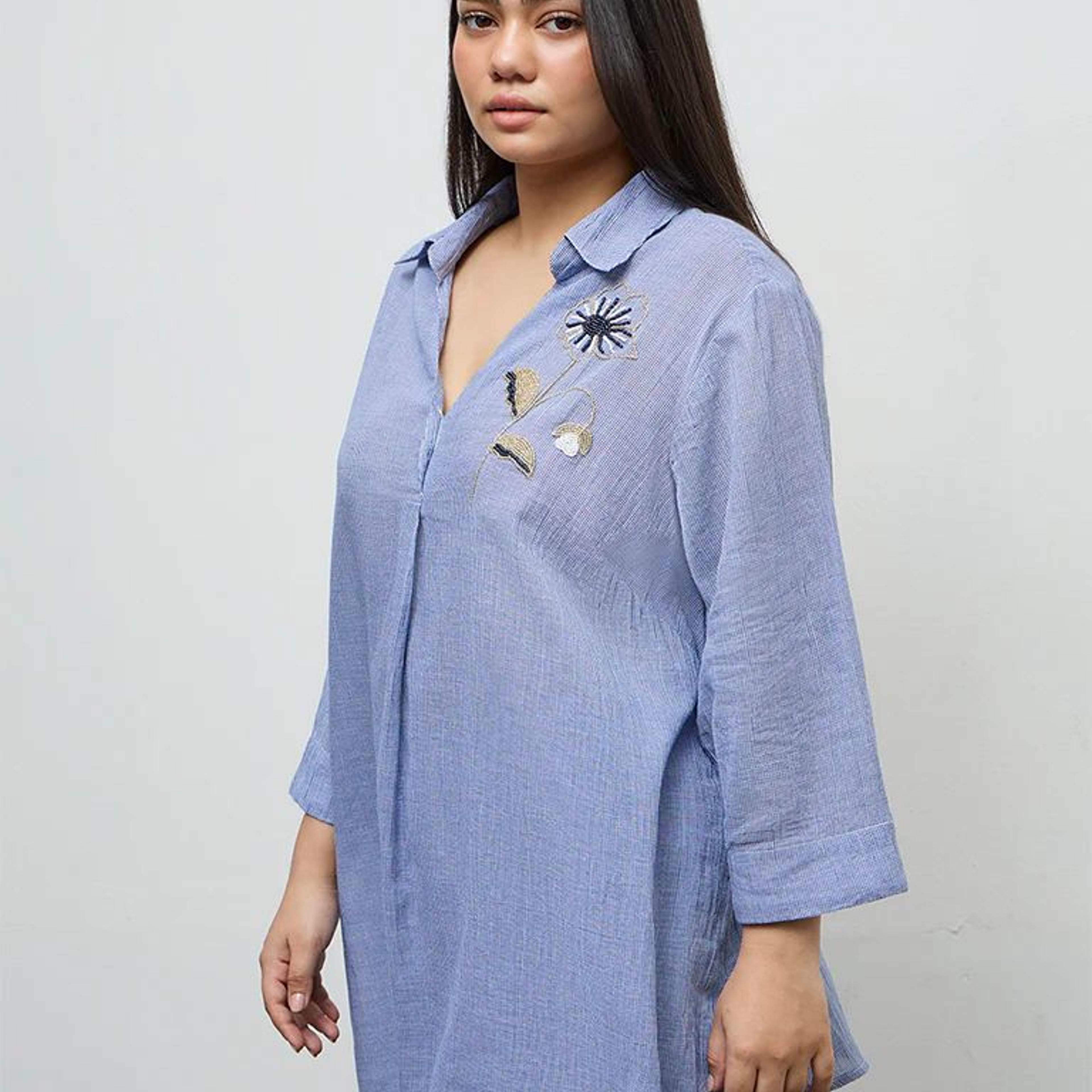 Diza Blue Floral Embellished Cotton Tunic