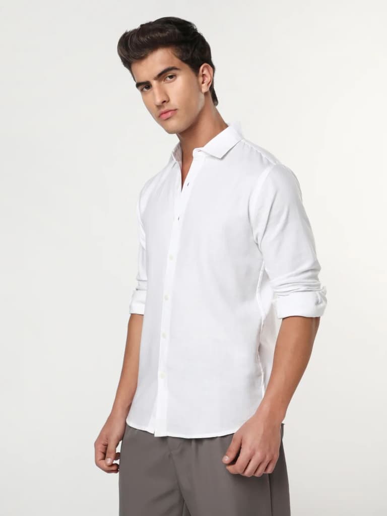Men's White Linen Blend Full Sleeve Relaxed Fit Casual Solid Shirt — photo 2