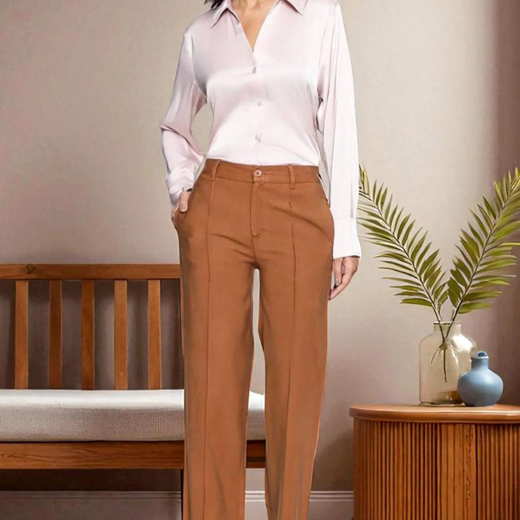 Brown Solid Korean Rayon Formal Parallel Pants with YKK Zipper