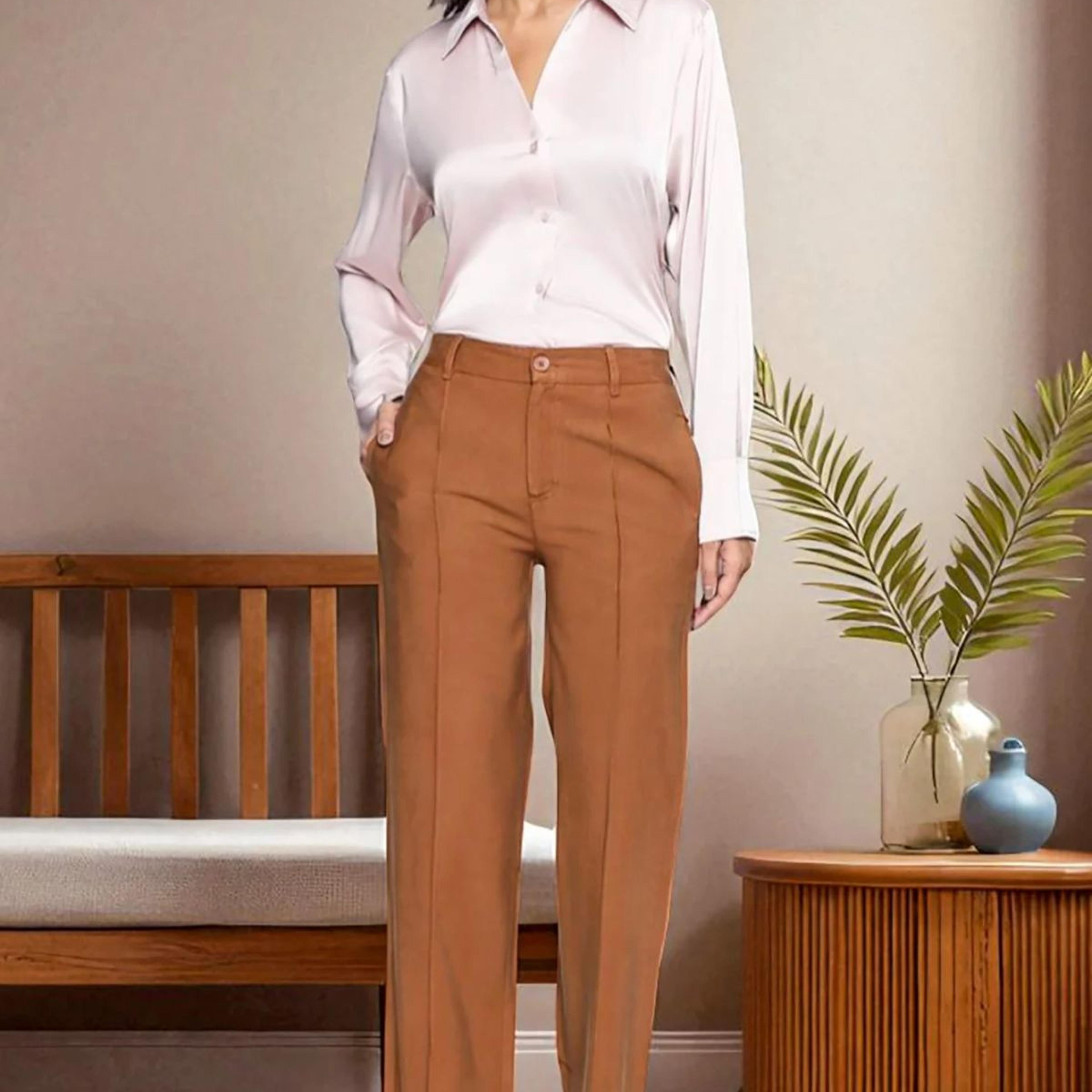 Brown Solid Korean Rayon Formal Parallel Pants with YKK Zipper