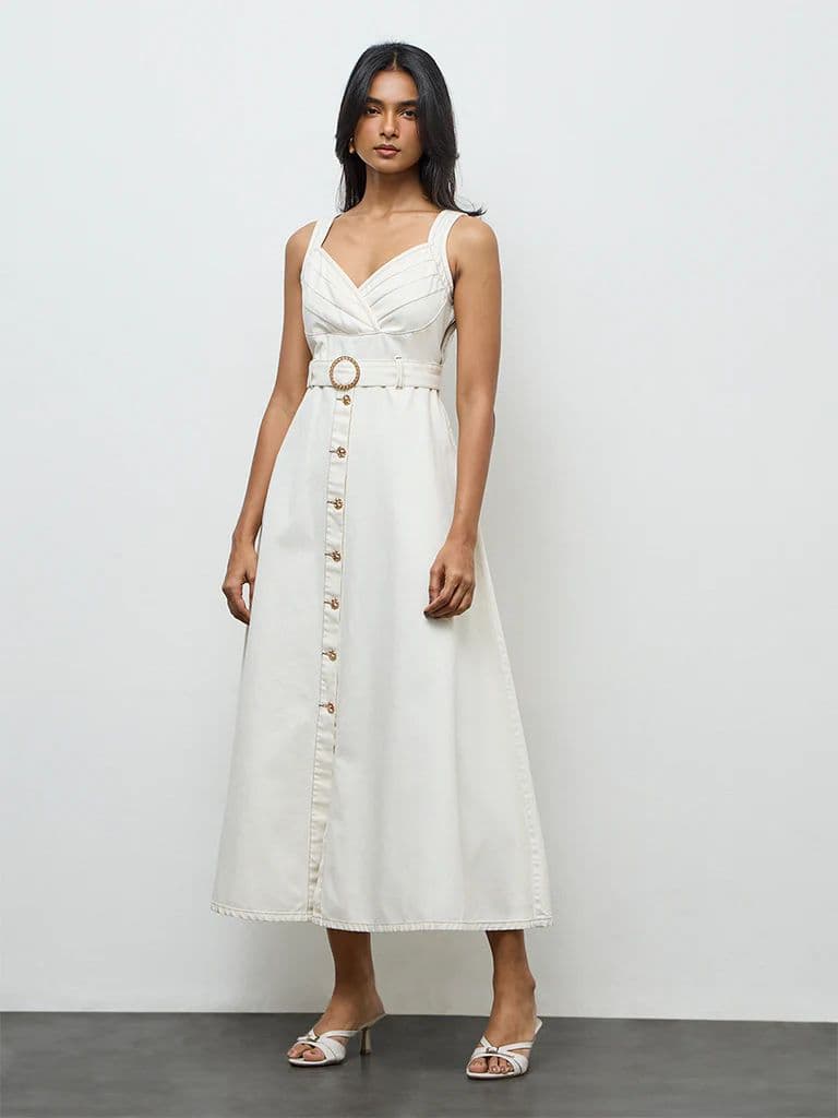 LOV Off-White Denim A-Line Dress with Belt — photo 2