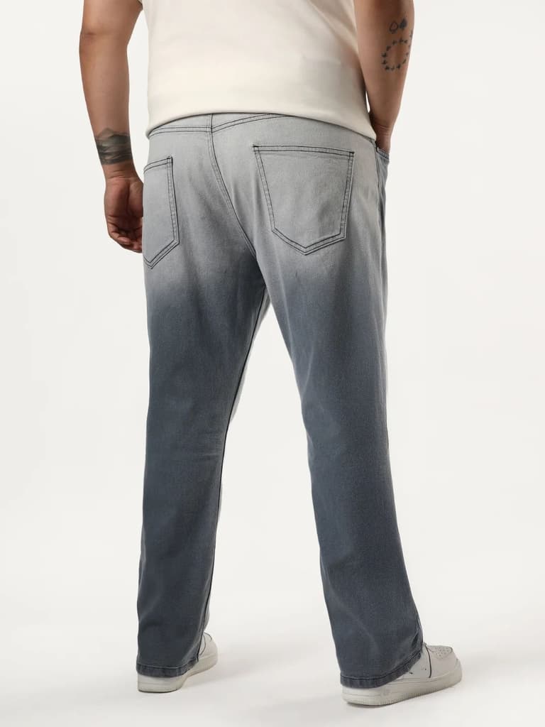 Plus Men's Grey Straight Fit Heavy Washed Faded Denim Jeans Stretchable — photo 3