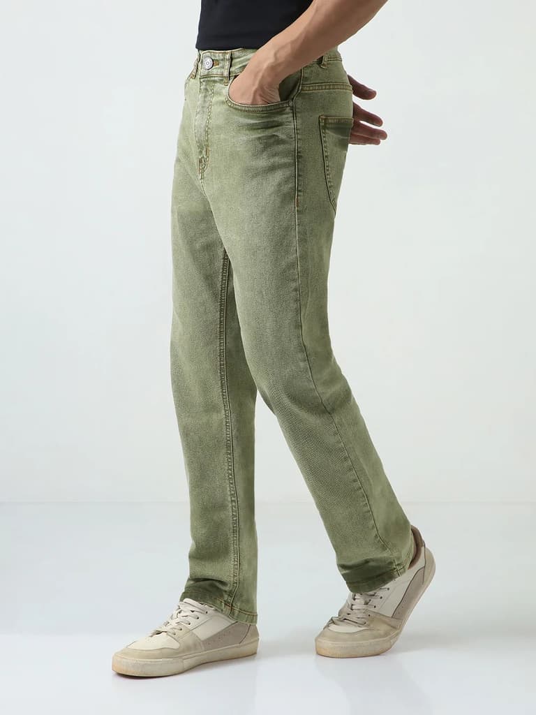 Men's Light Green Straight Fit Heavy Washed Jeans Stretchable — photo 2