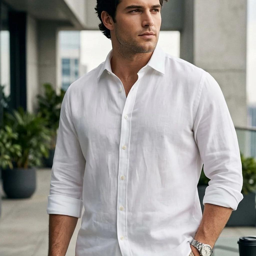 Plus Men's White Linen Blend Full Sleeve Relaxed Fit Casual Solid Shirt