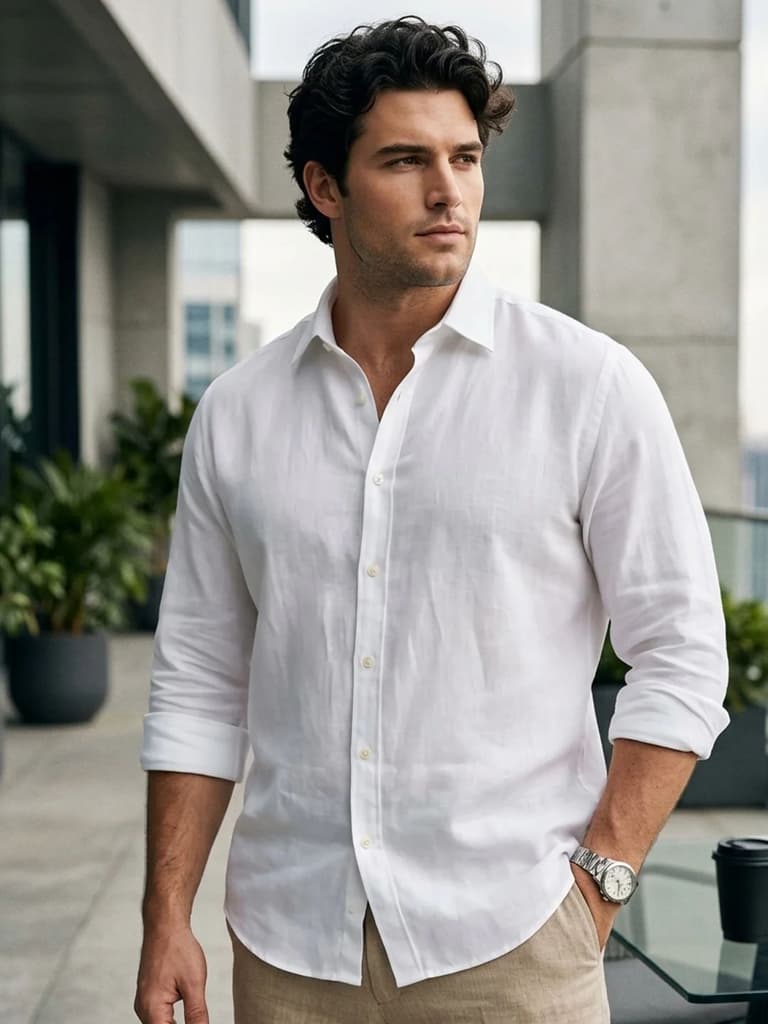 Plus Men's White Linen Blend Full Sleeve Relaxed Fit Casual Solid Shirt — 2XL / White