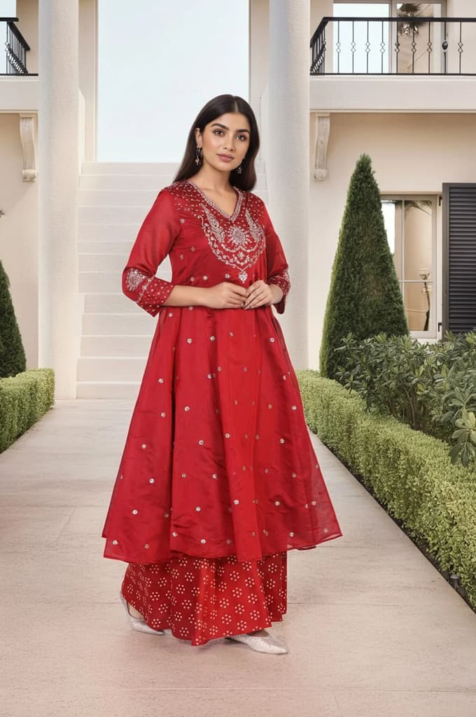 Red Embellished Flared Kurta with Sharara and Dupatta Set — photo 4