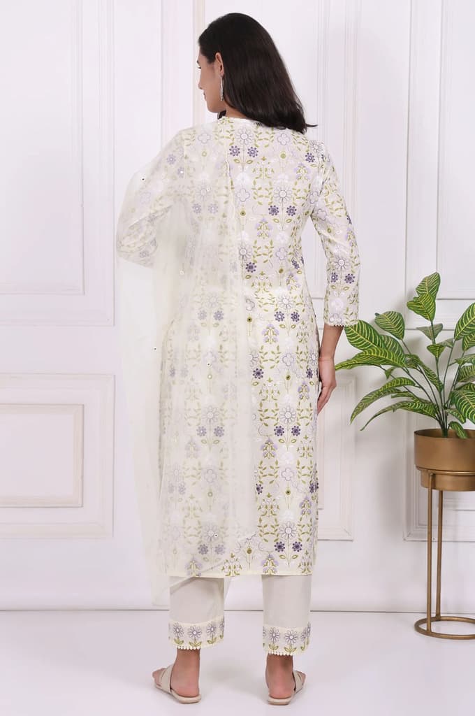 White Floral Printed Embroidered Pure Cotton Straight Kurta, Pants and Dupatta Set — photo 5