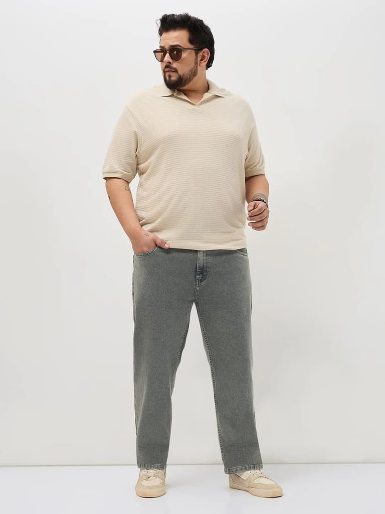 Plus Men's Light Grey Regular Fit Towel Washed Yellow Tint Denim Jeans Stretchable — photo 4
