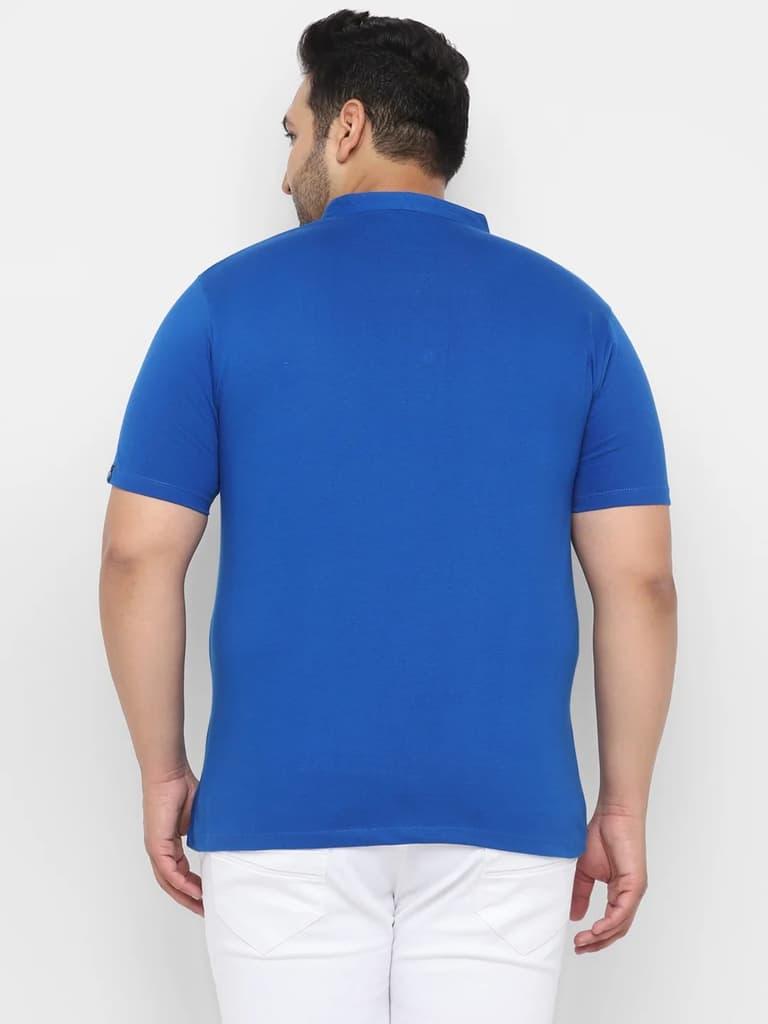 Plus Men's Royal Blue Solid Mandarin Collar Regular Fit Cotton T-Shirt — photo 5