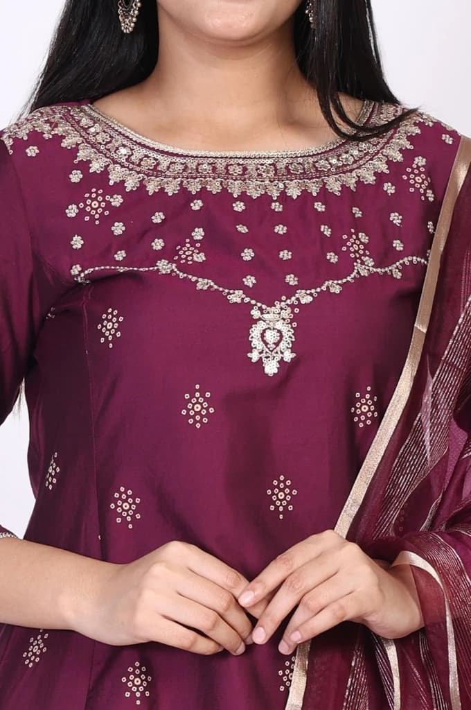 Wine Embroidered Straight Silk Blend Kurta with Straight Pant and Dupatta Set — photo 3
