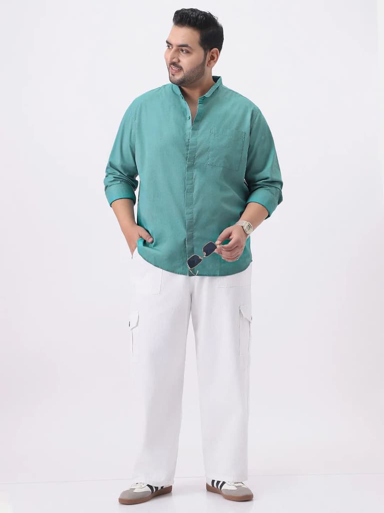 Plus Men's Light Teal Cotton Full Sleeve Regular Fit Casual Solid Shirt with Band Collar — photo 4
