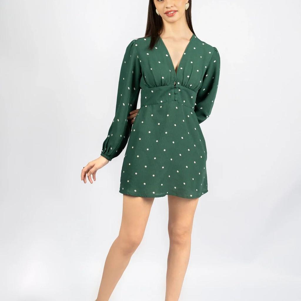 Bottle Green Polka Dot Fit & Flare Dress in Viscose Moss