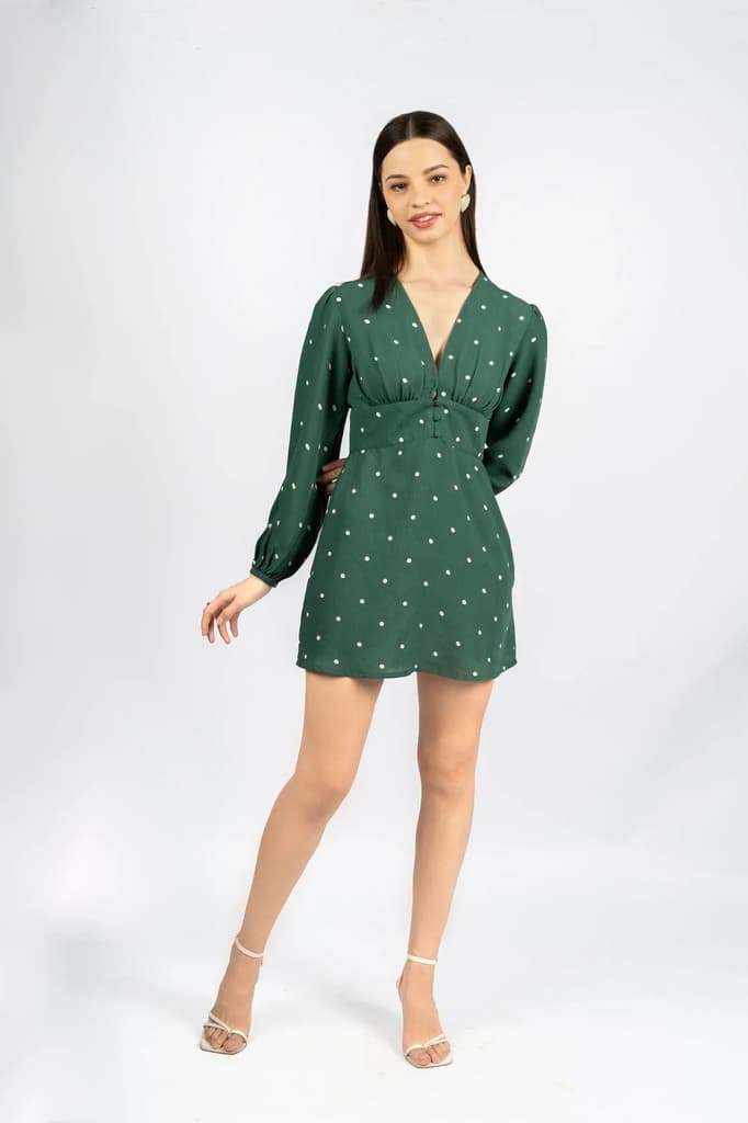 Bottle Green Polka Dot Fit & Flare Dress in Viscose Moss