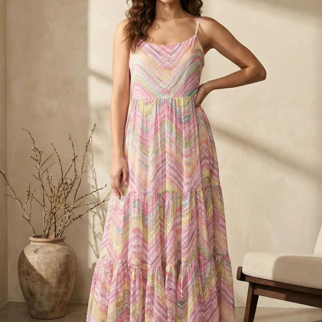 Multicolor Chevron Chiffon Tiered Dress