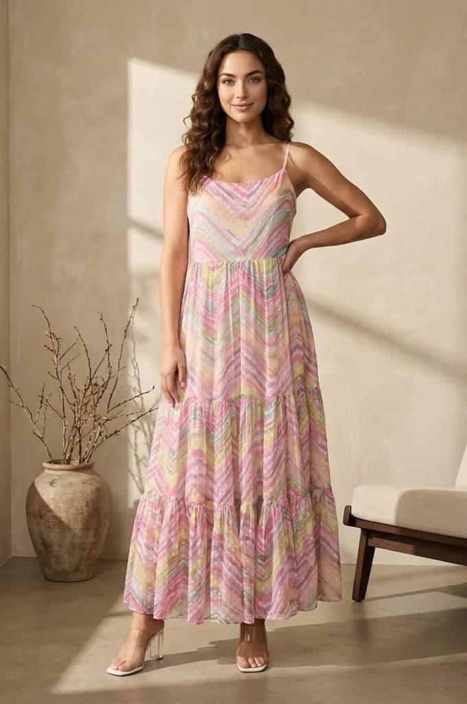 Multicolor Chevron Chiffon Tiered Dress — XS