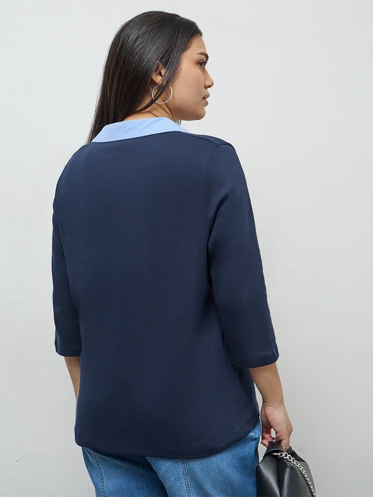 Gia Navy Contrast-Detail Cotton T-Shirt — photo 4