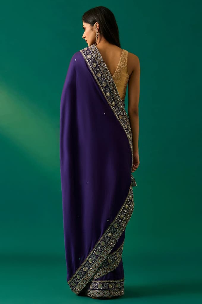Purple Embroidered Zari Work Banarasi Satin Saree with Unstitched Blouse — photo 4