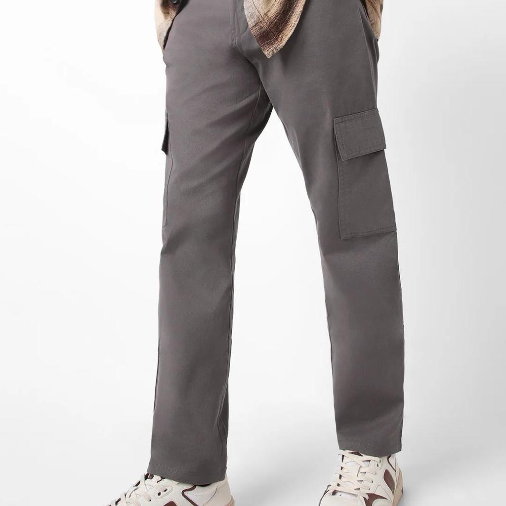 Men's Dark Grey Regular Fit Solid Cargo Chino Pant with 6 Pockets Stretchable