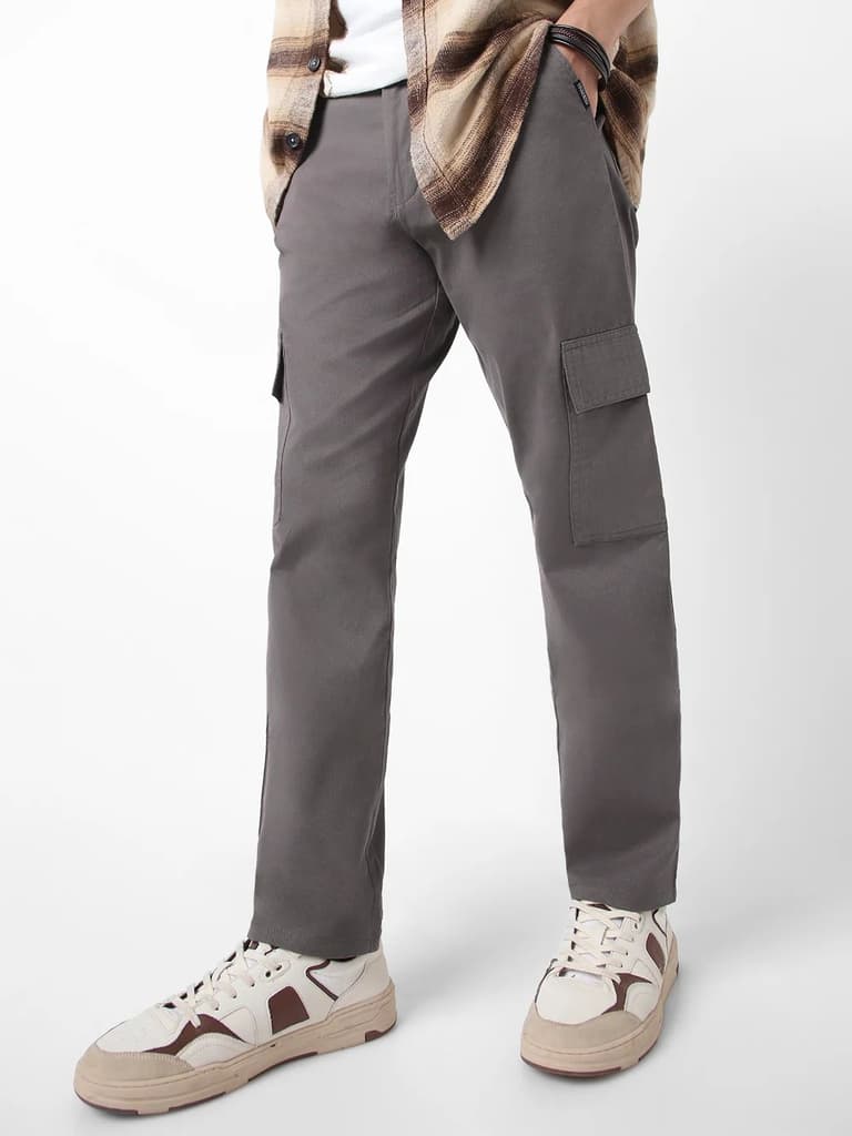 Men's Dark Grey Regular Fit Solid Cargo Chino Pant with 6 Pockets Stretchable — 28 / Dark Grey