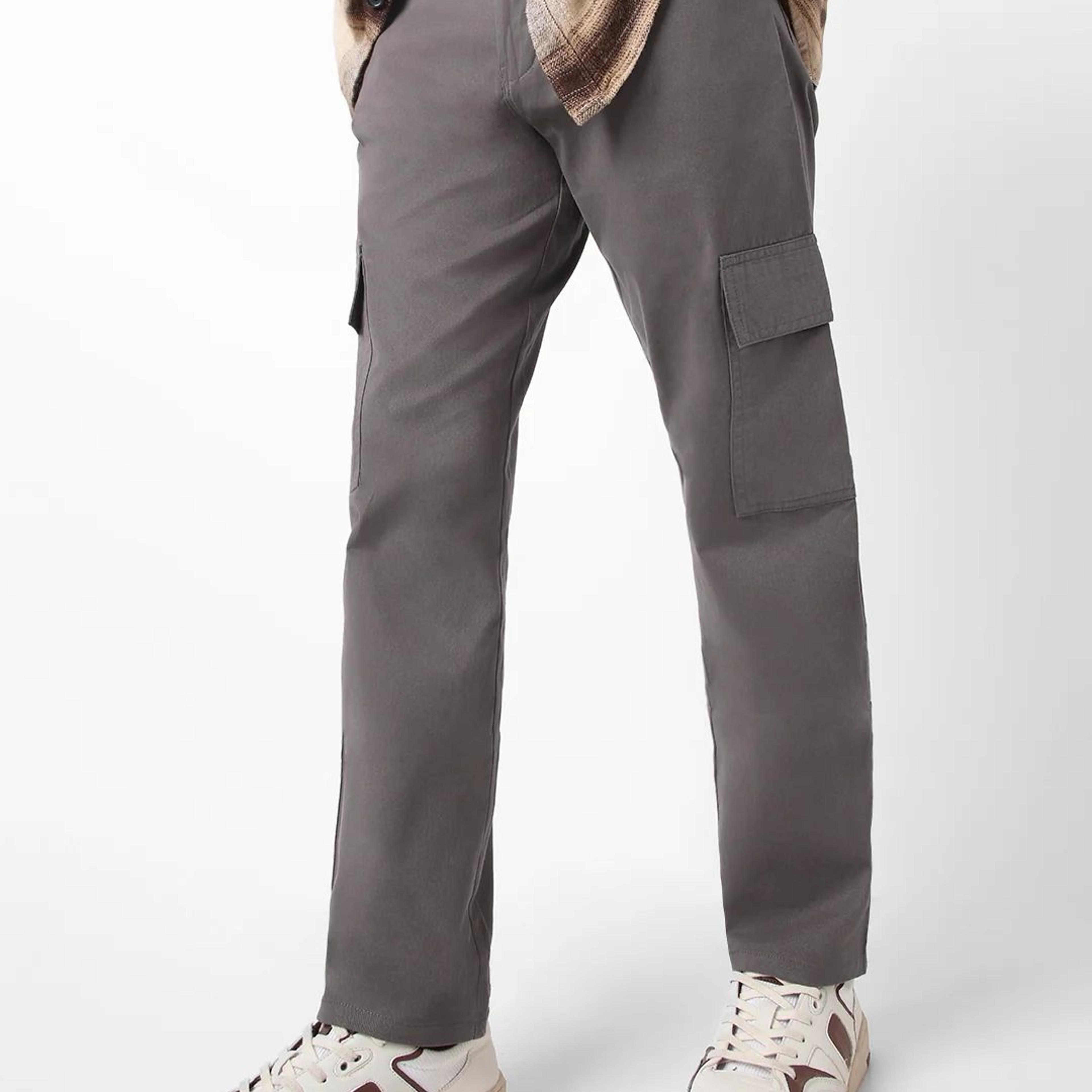 Men's Dark Grey Regular Fit Solid Cargo Chino Pant with 6 Pockets Stretchable