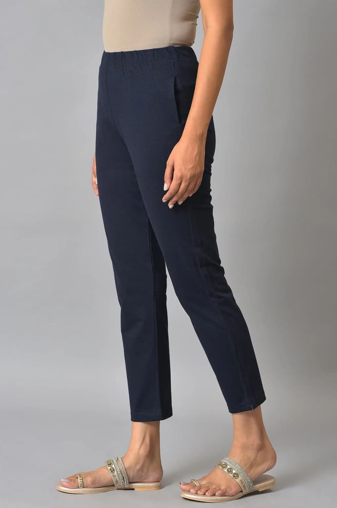 Navy Blue Solid Flared Cotton Pants With Elasticated Waist — photo 3